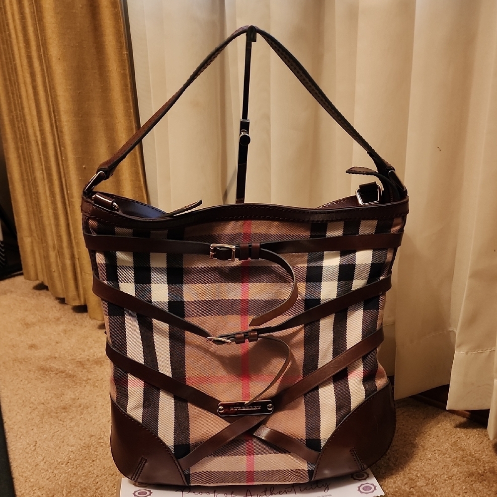 Burberry Bridle Dutton House Check Canvas and Leather Hobo - Picture 1 of 16